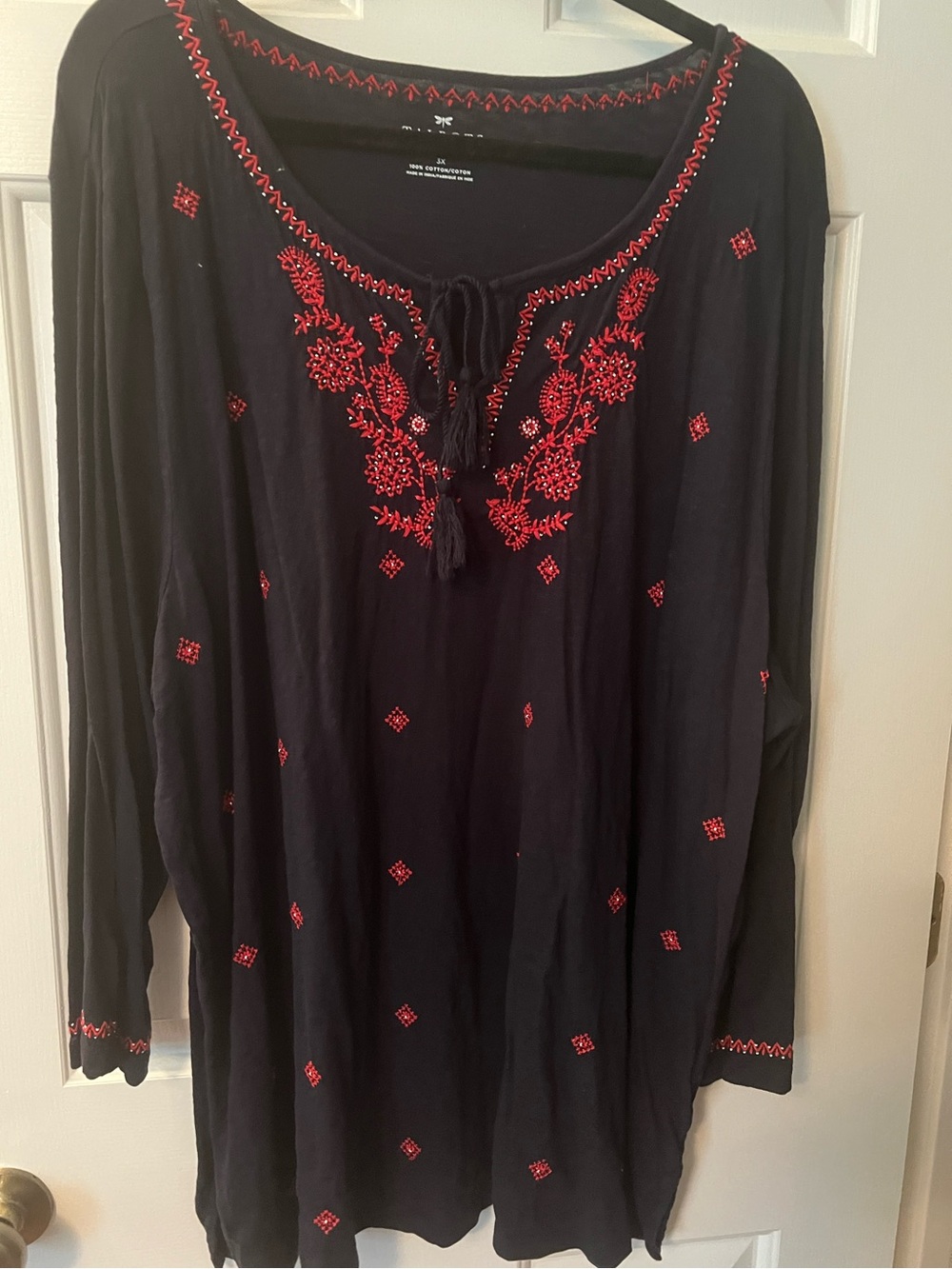 Embroidered Peasant Tunic Top - Navy with Red Accents
